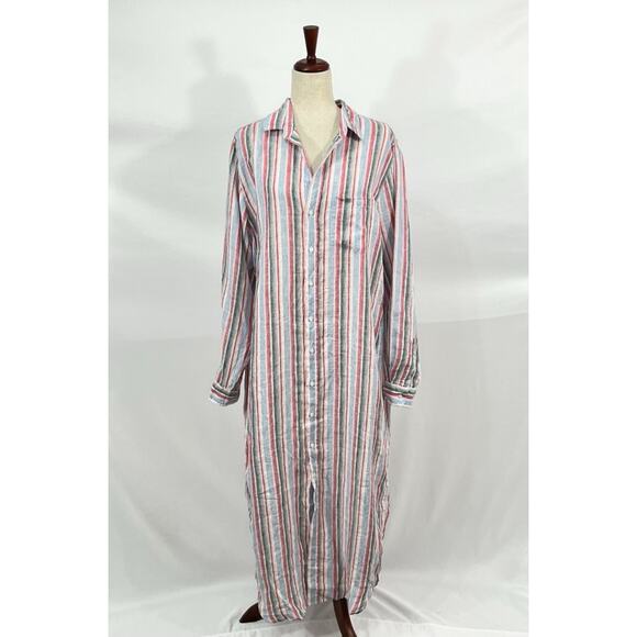 FRANK & EILEEN Sz XL Rory Pink Green Stripe Maxi Linen Shirt Dress - Picture 2 of 12